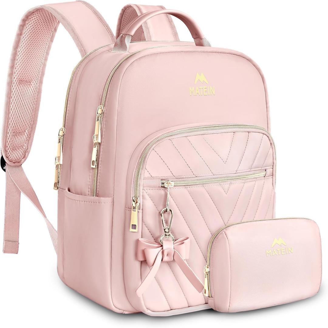 MATEIN Bowknot Cute Backpack Purse, Fashion Mini Shoulder Bag, Waterproof Lightweight Travel Daily Backpack College Handbag for Ladies Women, 2pcs Sets, Pink, Small-12.9 inch