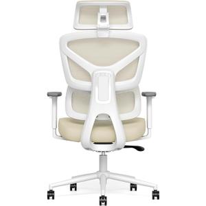 Ergonomic Office Chair, High Back Mesh Desk Chair with 4-Position Height Adjustable Back, 3D Armrests, Adaptive Lumbar Support, 3-Level Tilt Function, 3D Headrest, Comfy Computer Gaming Chairs (Beige Mesh White Frame)