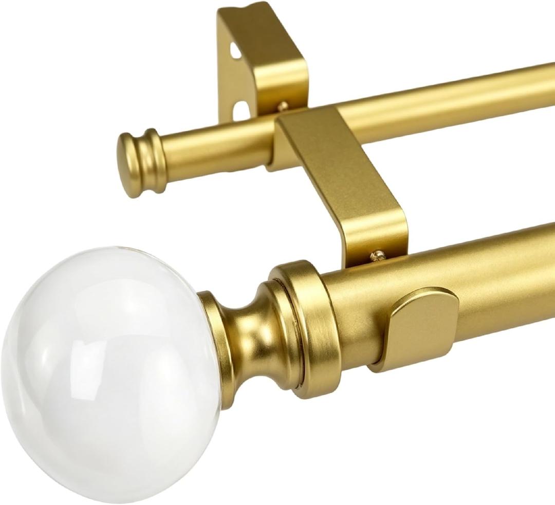Brass Gold Double Curtain Rod for Blackout, Ball Finials Window Drapery Rod, Size: 72-144''