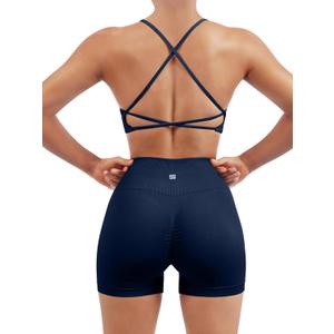 SUUKSESS Women Seamless Workout Sets Strappy Sports Bra High Waist Booty Shorts Outfits (6-8, #1 Navy Blue)