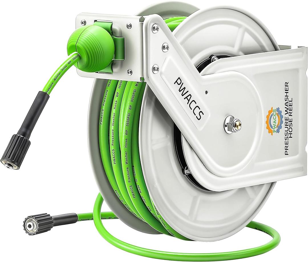 PWACCS Retractable Pressure Washer Hose Reel, 1/4" x 60ft Heavy Duty Power Washer Hose Reel, High Pressure Reel Auto Rewind, Wall/Floor Mounted, 3600 PSI