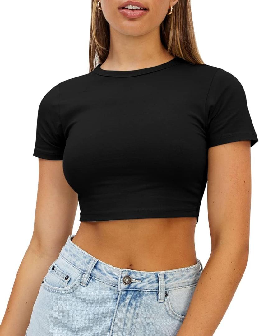 WYNNQUE Womens Crop Tops Cute Summer Scoop Neck Basic Tees Slim Fit Trendy Short Sleeve T Shirts for Teen Girls 2025 (Medium, Black)