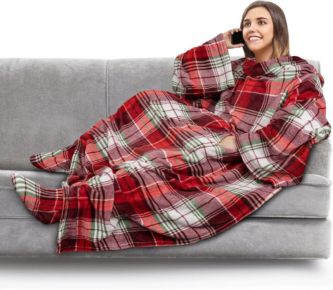 PAVILIA Fleece Blanket with Sleeves, Foot Pockets for Women Men Adults, Plush Wearable Blanket Throw Wrap, Warm Snuggle Blanket Robe, Cozy Gift Ideas Wife Mom, Christmas Plaid