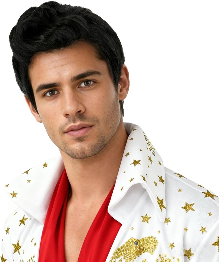 Short Black Heat Resistant Fiber Mens 50s Costume Grease Pelucas Realistic Cosplay Wig