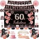 60th Birthday Decorations for Women - Rose Gold 37Pcs Happy 60th Bday Party Kit with Banner, Backdrop, Tiara, Sash, Cake Topper, Latex Balloons, Hanging Swirls, Centerpieces