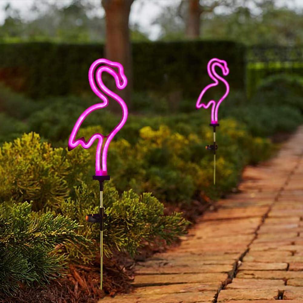 Flamingo Solar Garden Stake Lights, [Set of 2] Outdoor Solar Pathway Light for Lawn Patio Yard Walkway, Neon Pink Lighting (29.5" Height)