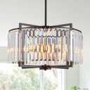 Black Crystal Chandelier Modern Drum Pendant Lighting Fixture for Dining Room, 20" Farmhouse Round 5-Light for Living Room Kitchen Island Bedroom Black