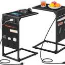 C Shaped End Table Set of 2, TV Tray with Charging Station, USB Ports and Outlets, Slide Under Couch, Storage Bag, for Small Spaces, Black