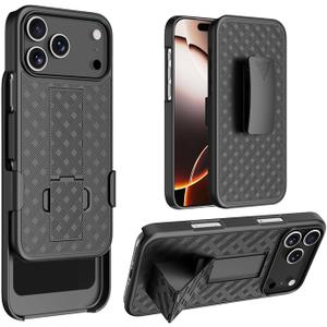 for iPhone 17 Pro Holster Case, Belt Clip Cover for iPhone 17 Pro, Shell Holster Combo Slim Rugged Case with Kickstand (6.3") 2025 Release, Black