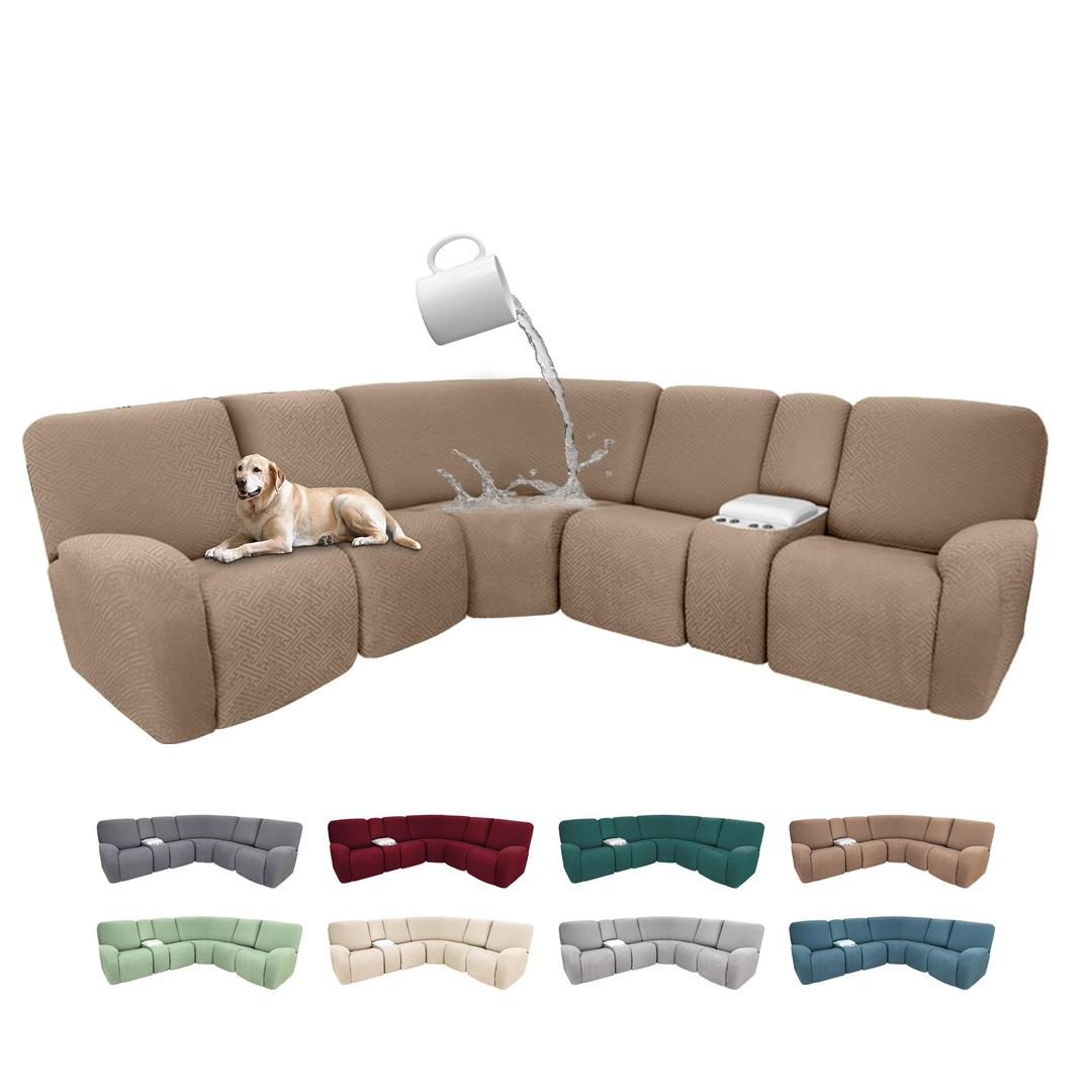 ROFASVCO 100% Waterproof Sectional Recliner Couch Covers for Reclining Couch L Shaped Corner Sectional Sofa Cover Jacquard Stretch L Shape Recliner Slipcovers (5 Seater 2 Console Cover, Dark Khaki)