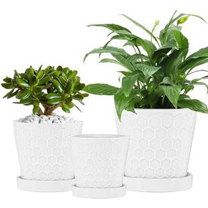 Ceramic Plant Pots,4+5+6 Inch Pots for Indoor Plants,Planters with Drainage Holes and Ceramic Tray, Indoor Flower Pots Gardening Home Desktop Office Windowsill Decoration Gift, Set of 3 (White)