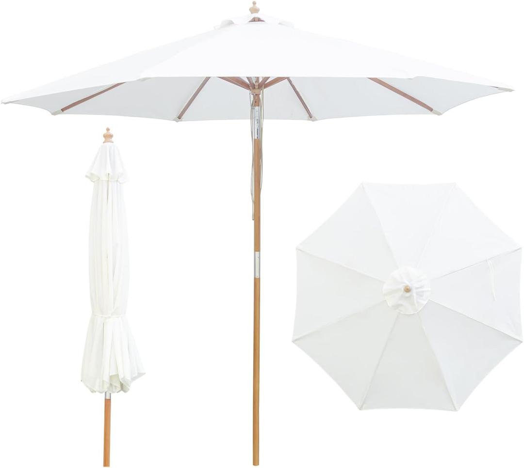 9FT/10FT Bamboo Patio Umbrella, Large Outdoor Umbrella with UPF 50+ Sun Protection, Rope Pulley Lift & Push-Button Tilt, 8-Rib Ventilated Canopy for Garden, Deck, Backyard & Outdoor Dining