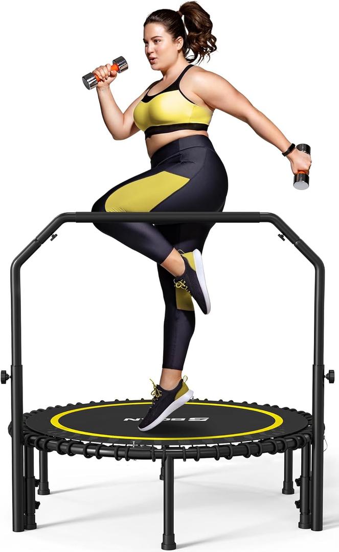 BCAN 40"/48" Mini Rebounder Trampoline for Adults with Bar, 450/550LBS Fitness Trampoline with Bungees, Adjustable Handle, Stable & Quiet, Indoor Outdoor, Whole-Body Workout & Relaxation at Home