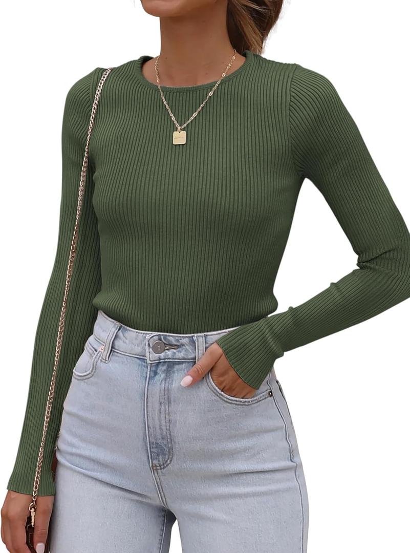 ATHMILE Womens Ribbed Knit T Shirt Casual Crewneck Tops Short Sleeve/Long Sleeve Sweaters Slim Fit Basic Tees (X-Large, Army Green)