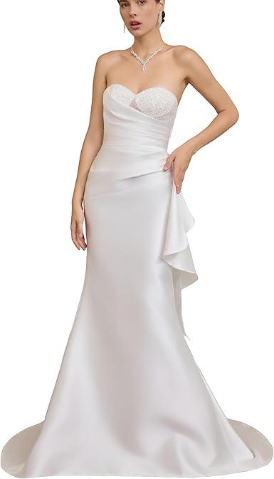 Off Shoulder Satin Wedding Dress Sleeveless – Lightweight Engagement Bridal Gown with Train for Summer Wedding S