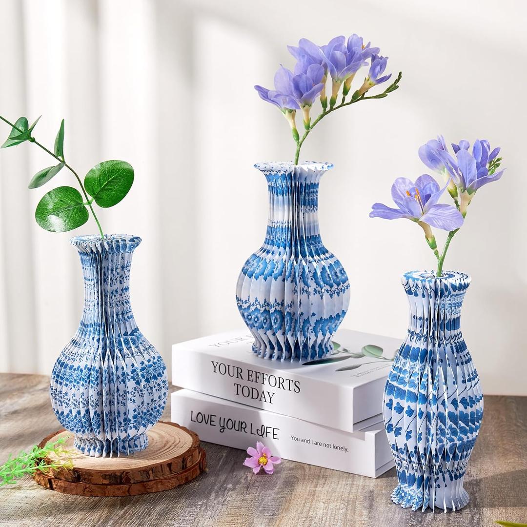 3 Pcs Blue and White Paper Honeycomb Vase, Foldable Decorative Vase with Magnetic Closure, Chinoiserie Dcor Vase, Reusable Table Centerpiece for Wedding, Baby Shower, Home Decor