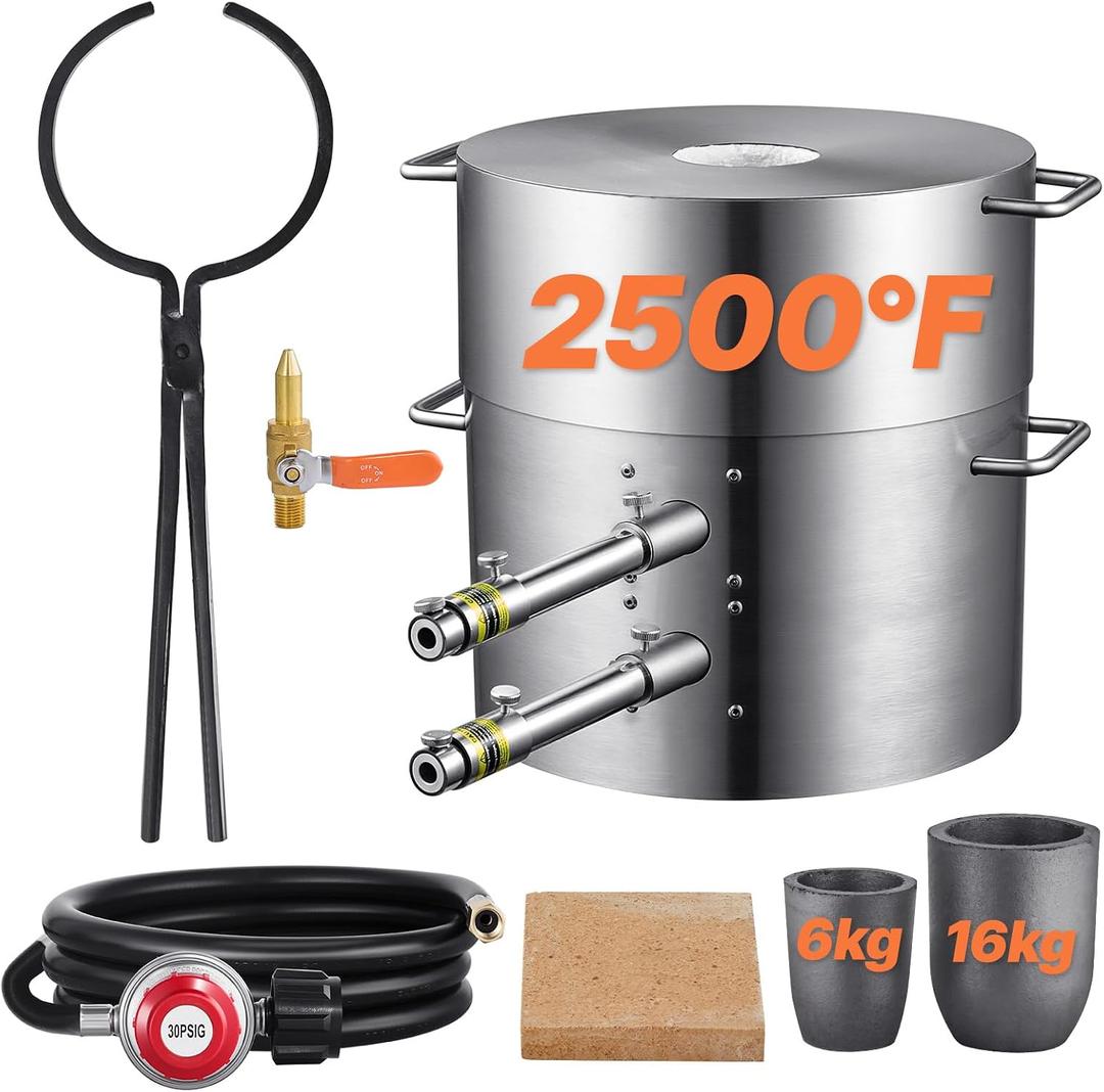 VEVOR 16KG Propane Melting Furnace Kit, Gas Metal Smelting Kit, Dual Burner Foundry Home Kiln with Crucibles and Tongs, Forge Casting Tool for Gold Silver Copper Aluminum Metal Recycle
