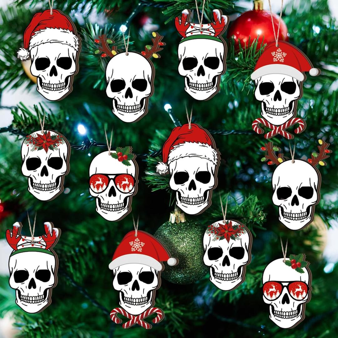 Suncalla 12 Pcs Christmas Skull Tree Ornaments Gothic Christmas Tree Decorations Skeleton Wood Hanging Ornaments Horror Skull Decoration for Xmas Decor Halloween Holiday Party