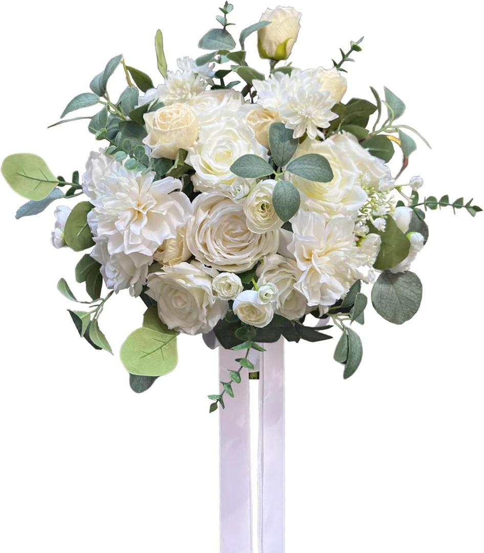CherishedMoments White Bridal Wedding Bouquet, Artificial Flowers Bridal Cascading Bouquets for Boho Rustic Wedding and Wedding Ceremony, Anniversary