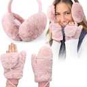 Jeere 2 Pcs Winter Ear Muffs Mittens Set Faux Fur Flip Mittens Fuzzy Cute Fluffy Earmuffs Convertible Warm Gloves for Women
