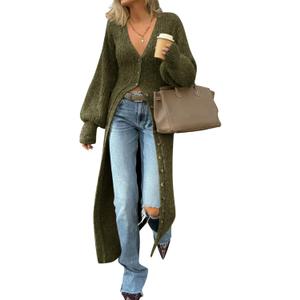 Saodimallsu Womens Long Cardigans V Neck Button Down Chunky Knit Dusters Sweater Coat Fall Trendy Maxi Sweater Dress (XX-Large, Army Green)