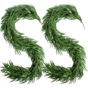 2 Pcs Christmas Norfolk Pine Garlands, 6FT Artificial Real Touch Dense Winter Greenery Garlands, Bendable Faux Vines for Fireplace Mantle, Table Runner, Front Door, Indoor Outdoor Xmas Holiday Decor