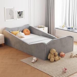 JOYMOR Toddler Bed, Floor Bed with Safety Guadrail, Montessori Toddler Bed with Animal Ear Shapes, Soft Velvet Wood Bed for Infant, Kids, Mattress not Included (Gray), Standard Crib