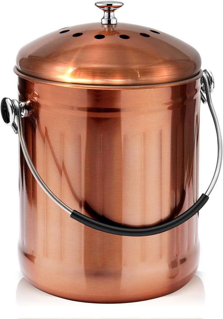 ENLOY Compost Bin for Kitchen Countertop, 1.3 Gallon Matte Copper Stainless Steel Compost Tub with Lid, Odorless Food Waste Tun with 2 Charcoal Filters, Indoor Compost Pail with SOFT-GRIP Handle