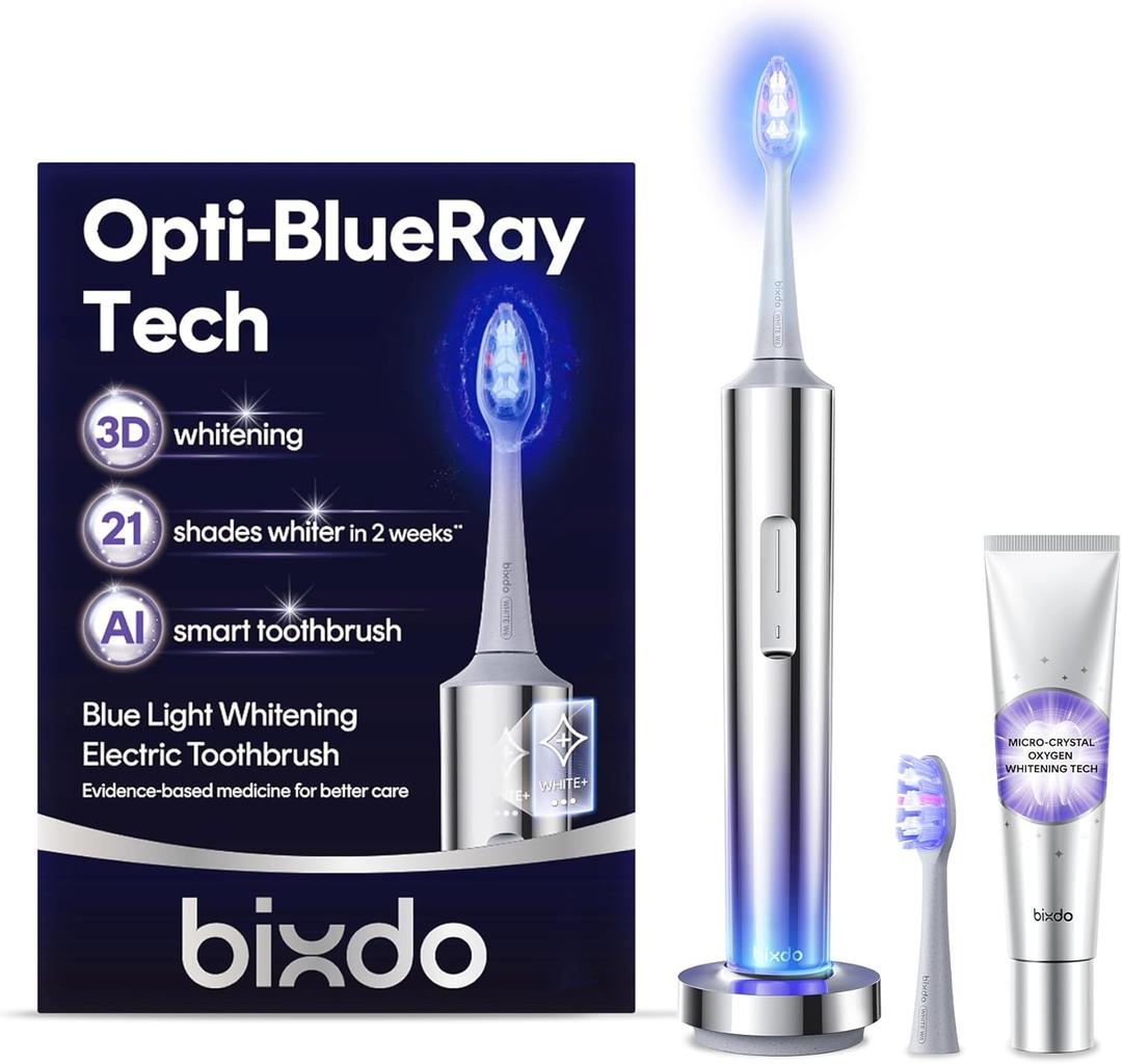 Whitening Electric Toothbrush W60 - Oscillating & Sonic Blue Light Technology with Pap Toothpaste for Sensitive Teeth, 2-in-1 Cleaning + Whitening, 180-Day Battery, Smart AI Brushing Modes