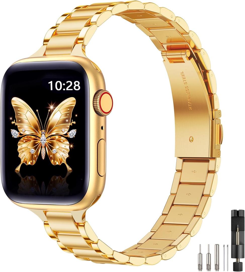 WFEAGL Thin Metal Bands Compatible with Apple Watch Band 42mm (Series 11 10) 41mm 40mm 38mm for Women, Slim Stainless Steel Wristbands for iWatch SE Series 9 8 7 6 5 4 3 2 1 (Gold)