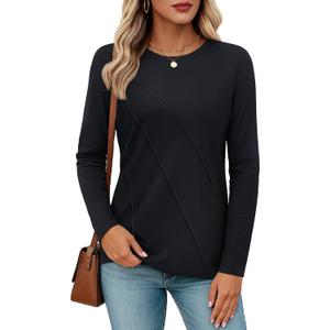 YUCOLEN Long Sleeve Shirts for Women Pleated Crew Neck Cotton T Shirts Solid Color Soft Casual Basic Tees Fall Trendy Tops (Black, L)