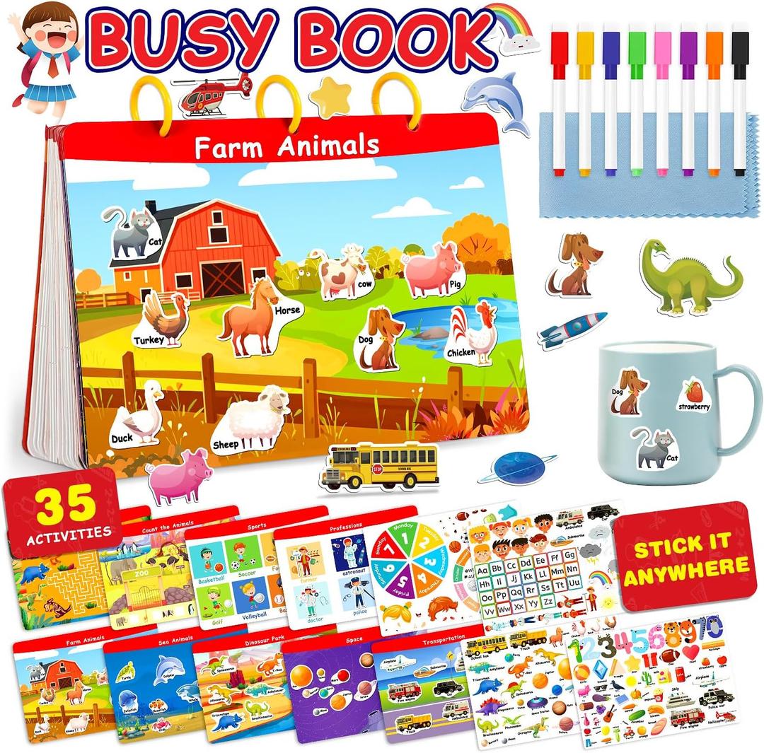 Montessori Preschool Busy Book for Toddlers - Activity Books for Kids Ages 3-5 - Preschool Learning Activities - Workbook Activity Binder - Autism Sensory Toys - Gifts for 3 4 5 6 Year Old Boys Girls
