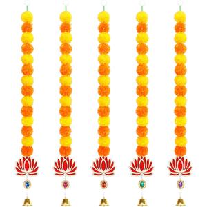 5PCS Artificial Marigold Garland with Lotus and Bell for Diwali Decoration, Marigold Long Strands for Indian Wedding Pooja Puja Decor, Flowers Garland for Christmas Thanksgiving New Year (5pcs Yellow Orange)