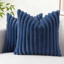 decorUhome Faux Fur Throw Pillow Covers 18x18 Set of 2, Decorative Soft Plush Striped Couch Pillow Covers with Velvet Back for Sofa, Bed, Living Room, Blue (18" x 18" (Pack of 2), Blue)