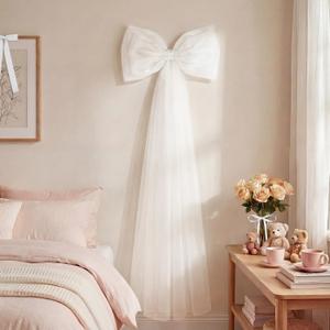13Pcs Large White Pearl Silk Satin & Tulle Bow Coquette Decor,17x55 Inch Giant Bow with 12 Small Satin Bows, DIY Photo Backdrop Wall Hanging Decor for Wedding Bridal Baby Shower Birthday Girls Room
