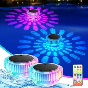 Floating Pool Lights Solar Powered, 5.5 Inch RGB Up and Down Color Changing Solar Pool Lights with Remote & Dynamic Lighting Effects, IP68 Waterproof Floating Light for Party Decor (2Pack)