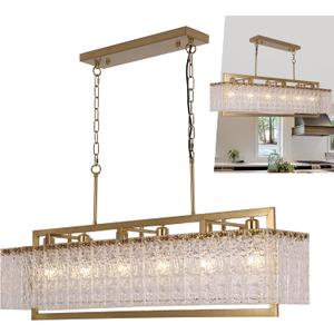 Modern Gold Crystal Chandeliers for Dining Room Light Fixtures Over Table,42in Large Rectangular Water Ripple Glass Pendant Light for Kitchen Island Living Room Flat Inclined Ceiling, L42 x W11 x H19