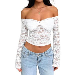 LOFAAC Women Off Shoulder Floral Lace Going Out Crop Tops Sexy Slim Long Sleeve See Through Backless Crop Blouse Shirts (Large, White)