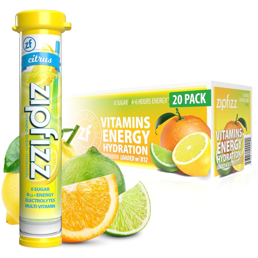 Zipfizz Daily Energy Drink Powder, Citrus, 20 Pack, 3-in-1 Sustained Energy, Rapid Hydration, and Essential Vitamins, Sugar-Free, Electrolyte Powder, Contains Vitamin B-12 & Antioxidants (EXP 02/01/28)