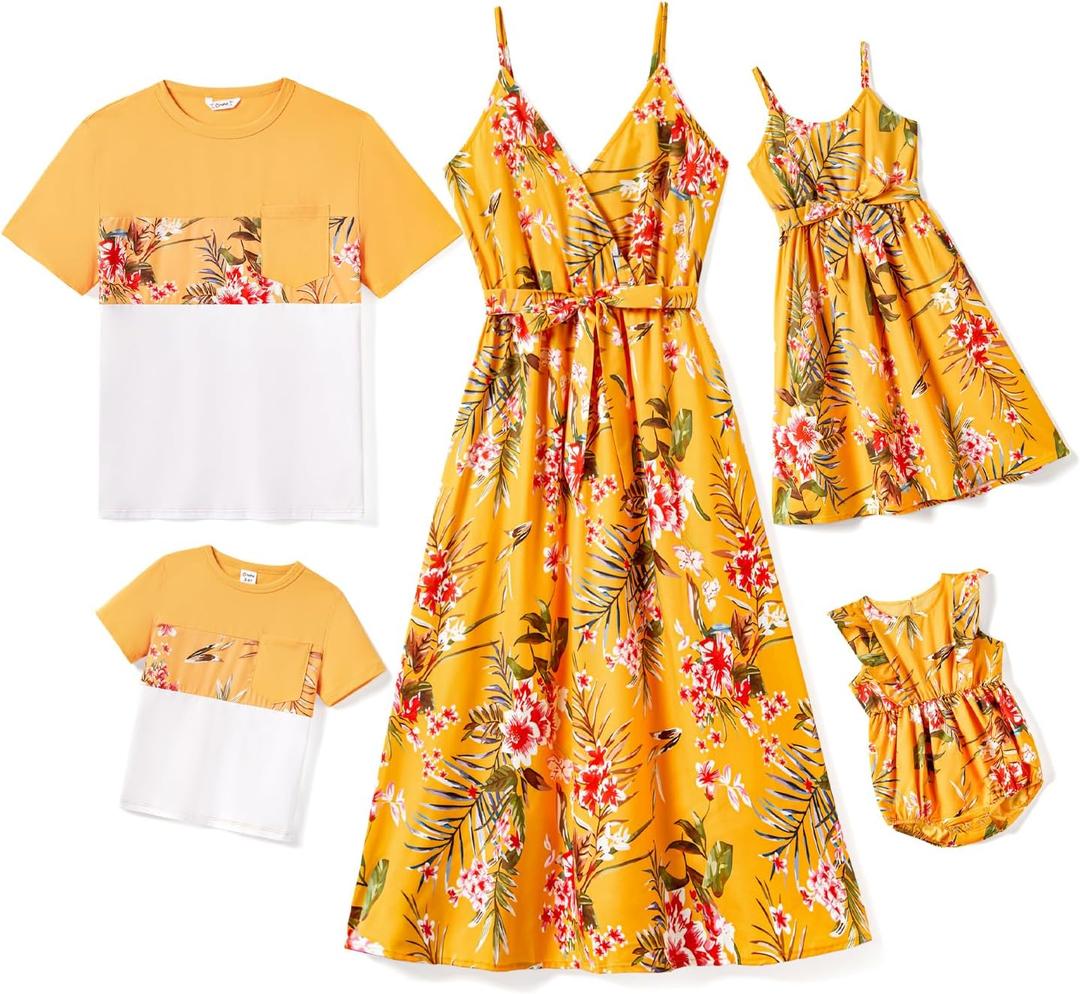 PATPAT Family Matching Outfits Mommy and Me Dresses Hawaiian Tropical Vacation Beach Spaghetti Strap Dress and Shirt, S