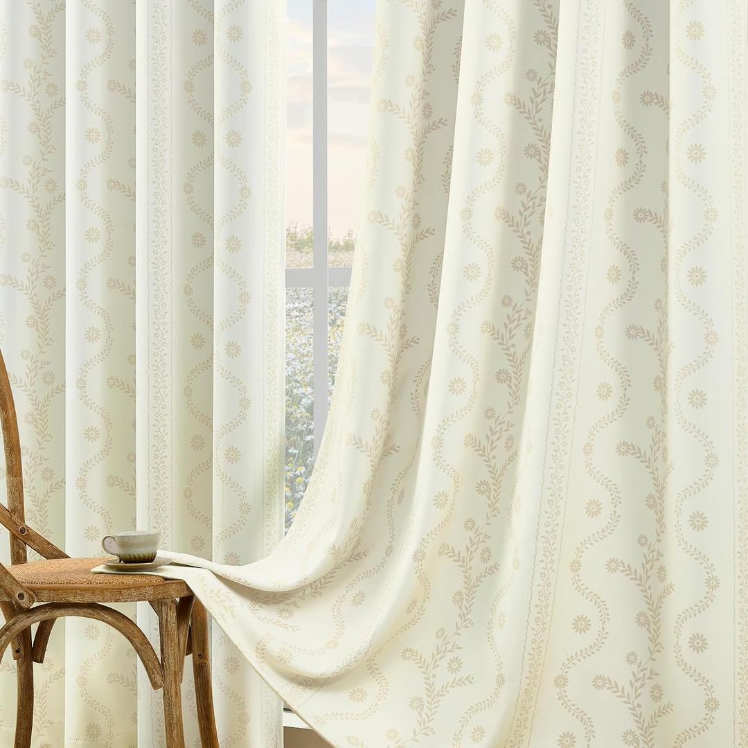 LIMON HOME Cream Leaf Blackout Curtains 84 inches Long for Living Room Bedroom, Soundproof Window Treatment Black Out Drapes for Hall Room, Set of 2 Panels
