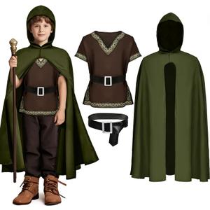 G.C Kids Renaissance Shirt Cloak Costume Belt Boys Medieval Costume Accessories Outfit Knight Hooded Cape Halloween Cosplay, 150