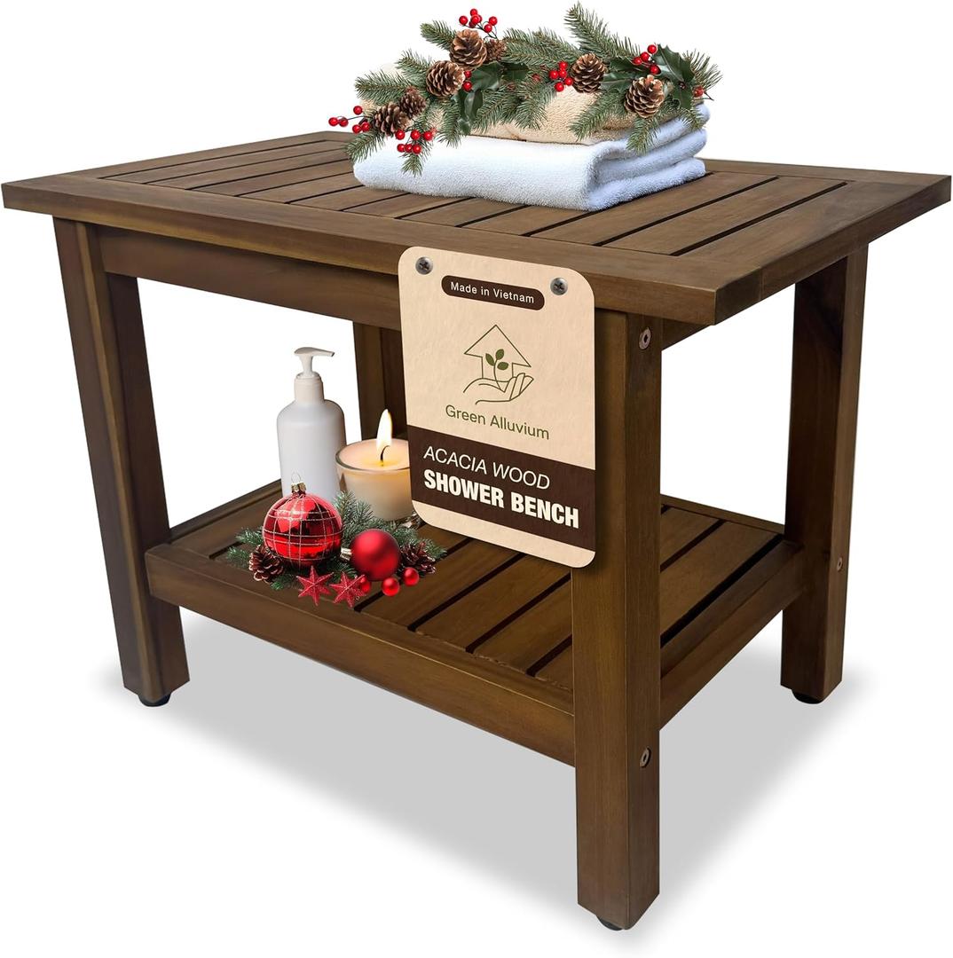 24 inch Acacia Wood Shower Bench with Storage Shelf - Waterproof Sturdy Shower Stool - Shower Seats for Adults and Elderly - Bathroom Bench 350 lb Capacity