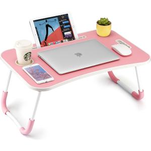 FISYOD Foldable Laptop Table, Portable Lap Desk Bed Table Tray, Laptop Stand with Cup Holder & Tablet Slot & Lifting Handle for Working Writing Drawing & Eating (Pink)
