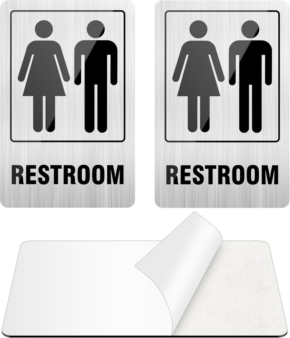 Restroom Sign, (2 Pack) Self-adhesive Bathroom Signs for Home, Aluminum Restroom Signs for Business, Unisex Bathroom Sign for Door and Wall, Rust free for Offices and Restaurants (Brushed, 6 x 4 inches Bathroom Signs)