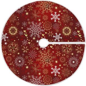 Winter Snow Red Gold Snowflake Christmas Tree Skirt Decorations Happy New Year Xmas Tree Mat 48 inch for Holiday Party Supplies Rustic Ornaments Large Tree Skirt