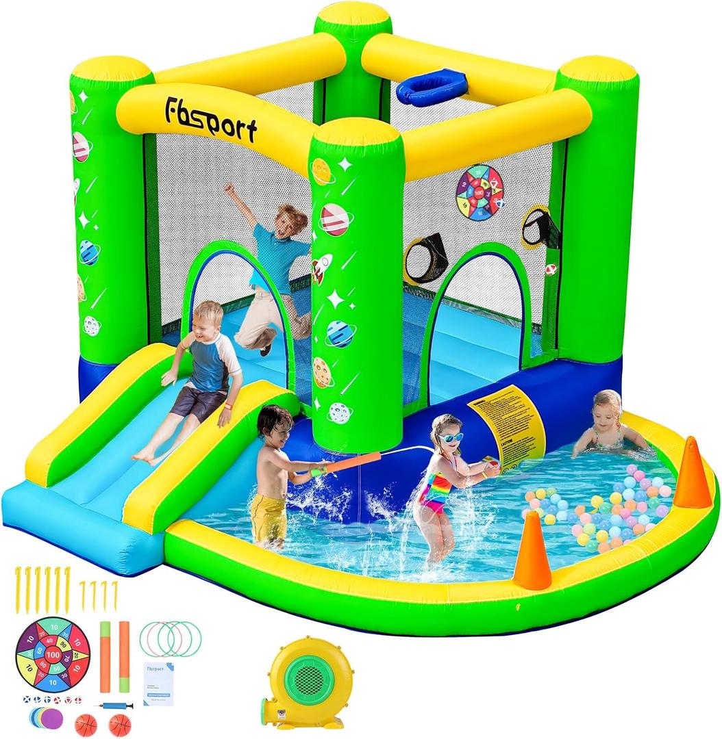 FBSPORT Inflatable Bounce House, Kids Bounce Castle Slide for Indoor Outdoor,Toddler Baby Jumper Bouncer, Kids Jumping Bouncy House with Blower, Ball Pit Pool, Basketball Hoop, Dart Game, Green, 9.33 ft L x 8.33 ft W x 5.42 ft H