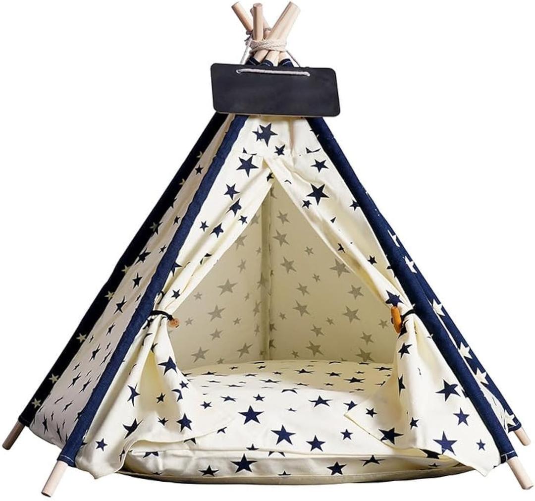 Solid Wood Cat Tent Indoor with Thick Mat,Portable Dog House Dog Teepee Tent,Cute Cat Teepee Cave, Cat Bed,Dog Bed Tent,Puppy Bed Tent,Bunny Tent,Pet Tent Teepee, Medium
