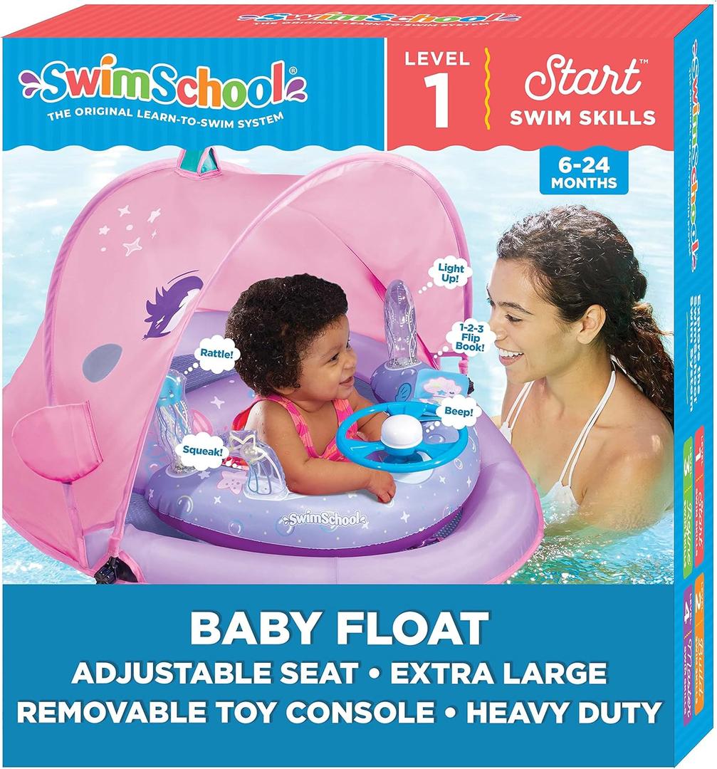 SwimSchool Infant Baby Pool Floats, Free Swimming, Super Buoyant  Ages 6-24 Months  Multiple Colors/Styles  Adjustable Canopies and Seats, Splash & Play Baby Floaties (Pink)