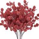 Sggvecsy Artificial Eucalyptus Leaves, 6 Pieces, 35.43 Inch Long, Red Color, Plastic and Silk Material, Easy to Bend and Adjust